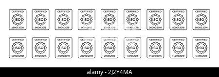 Certified ISO symbol. Standardization in the field of information security, quality management systems, as well as labor protection and others. Set of linear icons. Vector illustration. Stock Vector