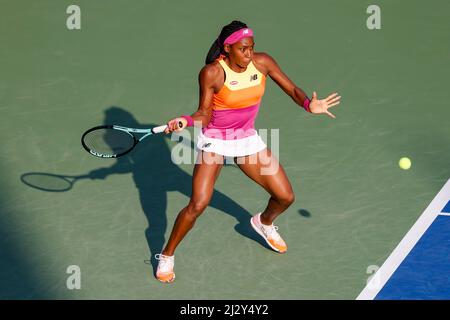 American tennis player Cori Gauff playing a forehand shot during Dubai Tennis Championships 2022, Dubai, United Arab Emirates. Stock Photo