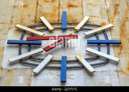 Retro Style Weathered Big Public Clock at Rusty Wall Stock Photo