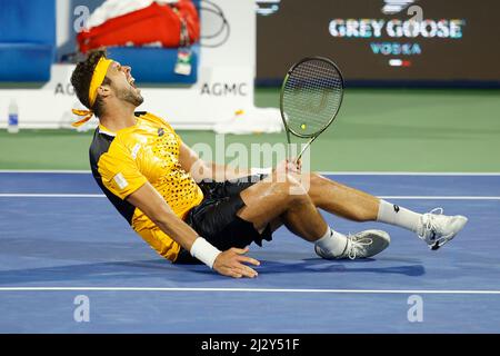 Czech tennis player Jiri Vesely celebrating after his win at the Dubai Duty Free Tennis Championships,Dubai,United Arab Emirates. Stock Photo