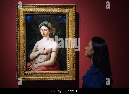 London, UK. 4th Apr, 2022. EMBARGOED till 00.01 on Wednesday 6 April 2022. Portrait of a Woman ('La Fornarina') about 1519-20. Preview of Raphael Exhibition at the National Gallery that opens on April 9th. Credit: Mark Thomas/Alamy Live News Stock Photo