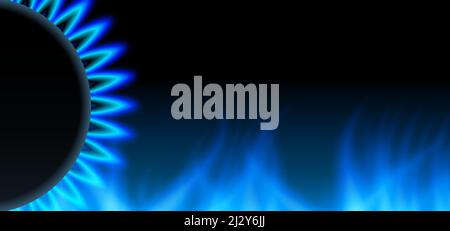Abstract background with gas flame. Dark blue banner. Neon illustration. Gas burner. Gas embargo, crisis and sanctions, political games. Vector illust Stock Vector