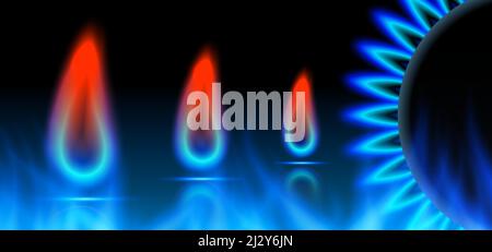 Gas fires with gas burner. Abstract banner on dark blue background. Neon illustration. Gas embargo, crisis and sanctions. Vector illustration. Stock Vector