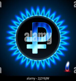 Ruble sign with a flame from a gas kitchen burner. Gas embargo, political games. Banner to illustrate political sanctions and events. neon dark blue b Stock Vector