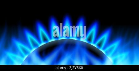 Abstract background with gas flame, burner. Dark blue banner. Neon illustration.  Gas embargo, crisis and sanctions, political games. Vector illustrat Stock Vector