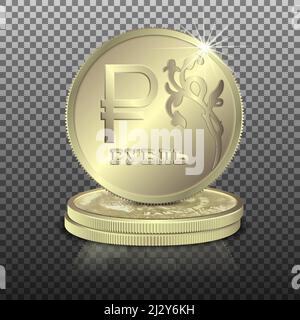Russian ruble. Several gold coins lying one on top of the other. Realistic illustration on a png transparent background. Vector. Stock Vector