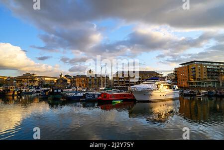 Limehouse, London, UK: Evening view of the Limehouse Basin, a marina in the docklands area of east London. Stock Photo