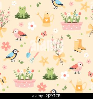 Spring flower pattern - tulips, birds and butterflies, gardening tools. Vector illustration in flat cartoon style Stock Vector