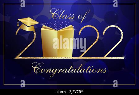 Educational 2022 number, graduating congrats. Class off sign, shiny digits. Golden cylinder, calligraphic text. Isolated abstract graphic design templ Stock Vector