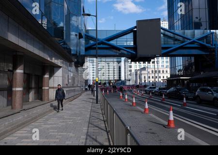 New tramlines on an empty Broad Street, which is Birminghams main street for entertainment and bars on 14th March 2022 in Birmingham, United Kingdom. Stock Photo