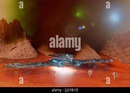 3D illustration on Mars red planet man and woman in the middle of exploration on the fourth planet while a dust storm rages astronauts on the move nea Stock Photo