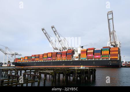 Seattle - April 03,  2022;  Loaded container ship Seaspan Yangtze at container terminal 18 at the Port of Seattle Stock Photo