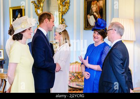 HILLSBOROUGH, NORTHERN IRELAND. 14 JUN 2016: Prince William, The Duke of Cambridge, meets First Minister Arlene Foster MLA as he  arrives at the Secretary of State's annual garden party. Stock Photo