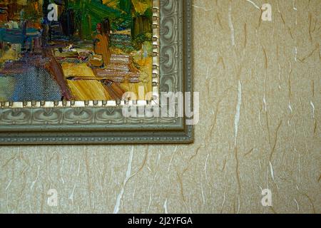 Part of oil painting on canvas. Brushstrokes of paint. Drawn abstract colorful background.  Fragment of multi-colored artwork. Spots of oil paint. Con Stock Photo