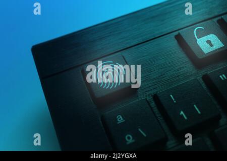 Security tech concept of fingerprint on keyboard. Unlock user. Global technology. Data protection and cyber security. Stock Photo