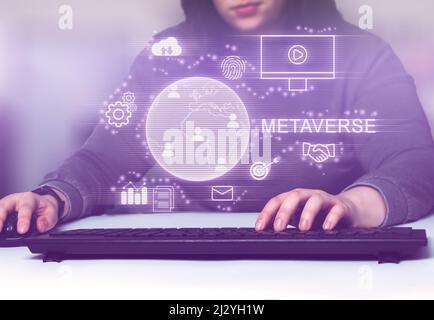 Woman interacting with virtual interface connection metaverse. Technology and digital marketing. Stock Photo