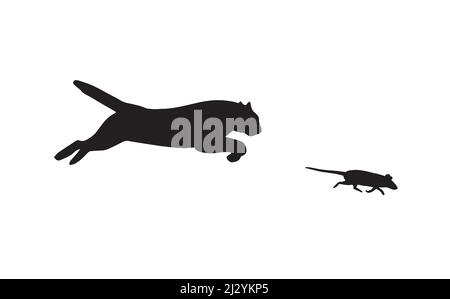 Vector black silhouettes of cat running after mouse isolated on white background Stock Vector