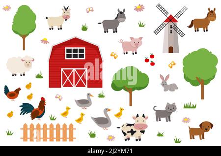 Cute farm animals set in flat style isolated on white background. Vector illustration Eps 10 Stock Vector