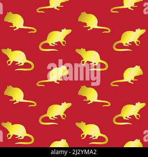 Vector seamless pattern of golden glitter mouse rat silhouette isolated on red background. Chinese New Year 2020 illustration Stock Vector