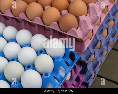 Brown and white eggs on market stall, England, UK. Farm fresh. Stock Photo