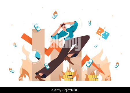 Flat businessman in panic with money problems, bankruptcy and unpaid loan debt. Man losing profits, falling arrow down. Concept of global financial crisis, business failure, economy crash or collapse. Stock Vector