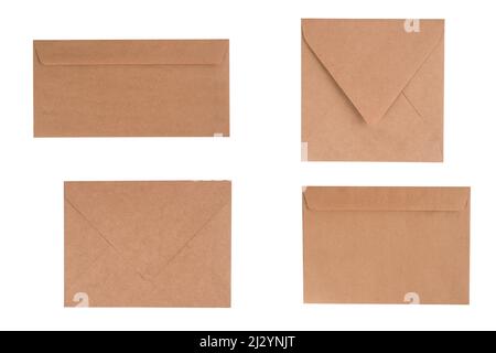 Brown kraft paper envelope of four different types isolated on white background for your design project. Letter, top view Stock Photo