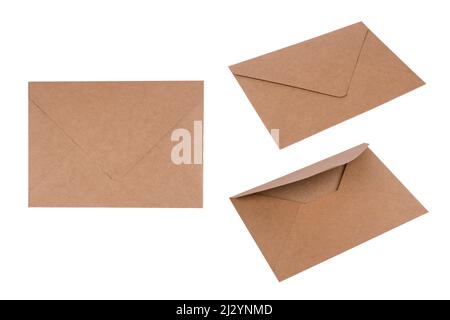 Brown kraft paper envelope front and back isolated on white background for your design project. Letter, top view. Selective focus Stock Photo