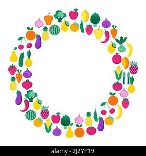 Set of organic fruits, vegetables and berries isolated on white background. Healthy lifestyle. Vector illustration in flat style. Stock Vector