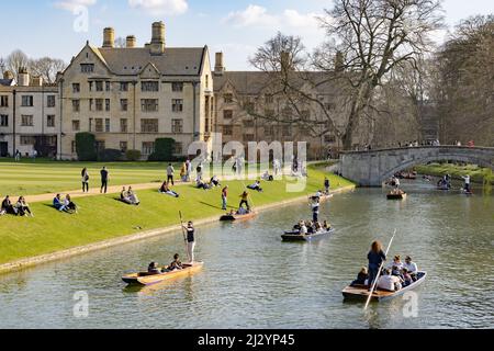 Cambridge UK; people punting on the Backs on the River Cam by Kings College Cambridge University Bridge on a sunny day in Spring, Cambridge England UK
