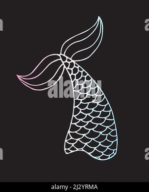 Vector holographic hand drawn doodle sketch mermaid tail isolated on black background Stock Vector