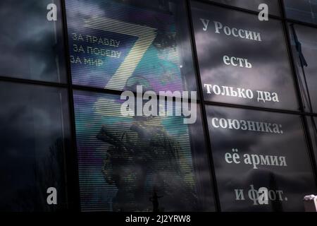 Moscow, Russia. 3rd of April, 2022 Sign 'Z' and the words of the Russian Emperor Alexander III 'Russia has only two allies - its army and navy' displayed on the facade of the pavilion No. 57. 'Russia is my history' on VDNKh exibition center in Moscow, Russia Stock Photo