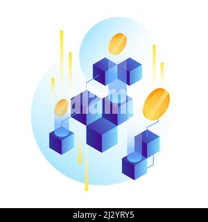 Blockchain Illustration. Digital Money, Blocks and Coins. Vector illustration Stock Vector