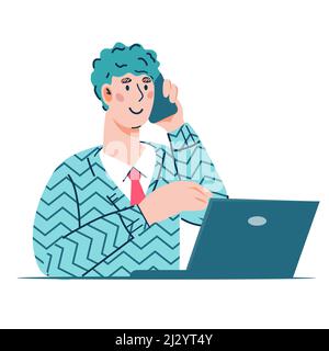 Call center, customers support hotline operator. Businessman talks phone behind laptop, flat vector illustration isolated on white background. Clients Stock Vector