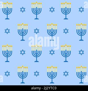 Vector seamless pattern of flat cartoon Hanukah candles and jewish stars isolated on blue background Stock Vector