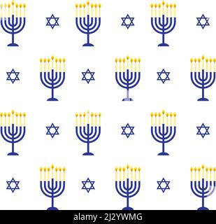 Vector seamless pattern of blue flat cartoon Hanukah candles and jewish stars isolated on white background Stock Vector