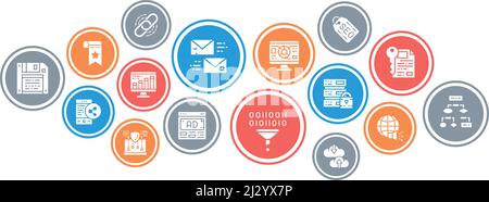 SEO concept illustration banner. Bookmark, Hosting, Hyperlink, Advertisement, Data Transfer vector banner for web page. Stock Vector