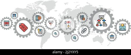 SEO banner with colored web icons. Bookmark, Hosting, Hyperlink, Advertisement, Data Transfer concept banner background. Stock Vector