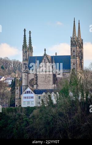 View of the Rhine side from the pilgrimage church of St. Apollinaris, Remagen, Rhineland-Palatinate, Germany Stock Photo