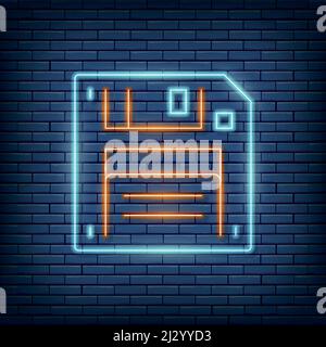 Vector save, diskette neon sign. Vector illustration in neon style. Stock Vector