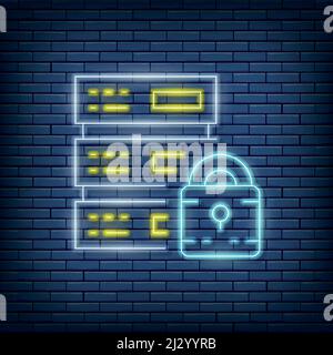 Vector safe server, data center, web hosting neon sign. Vector illustration in neon style. Stock Vector