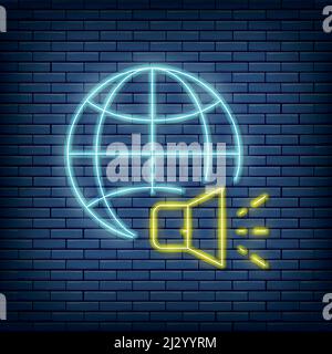 Vector world with megaphone, news neon sign. Vector illustration in neon style. Stock Vector