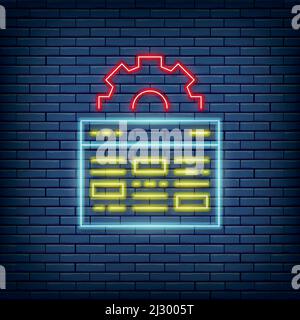 Vector webpage with gear, browser repair, website optimization neon sign. Vector illustration in neon style. Stock Vector