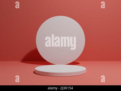 Bright, neon, salmon pink, 3D render of a simple, minimal composition with one cylinder stand or podium for product display or advertising with geomet Stock Photo