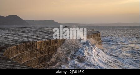 Waves created by Storm Barra crashing against The Cobb at Lyme Regis in Dorset, England, UK, just after sunrise the day after the main storm Stock Photo