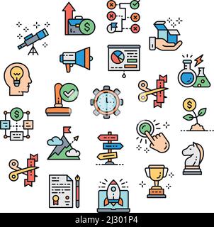 Start up icons set. Time management, idea generation, presentation icons banner in a circle isolated on white background. Stock Vector