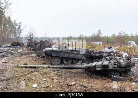 Bucha, Ukraine. 02nd Apr, 2022. Broken tanks and combat vehicles of the Russian invaders seen near the village of Dmitrievka. (Photo by Mykhaylo Palinchak/SOPA Images/Sipa USA) Credit: Sipa USA/Alamy Live News Stock Photo