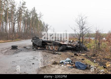 Bucha, Ukraine. 02nd Apr, 2022. Broken tanks and combat vehicles of the Russian invaders seen near the village of Dmitrievka. (Photo by Mykhaylo Palinchak/SOPA Images/Sipa USA) Credit: Sipa USA/Alamy Live News Stock Photo