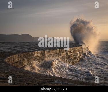 Waves created by Storm Barra crashing against The Cobb at Lyme Regis in Dorset, England, UK, just after sunrise the day after the main storm Stock Photo