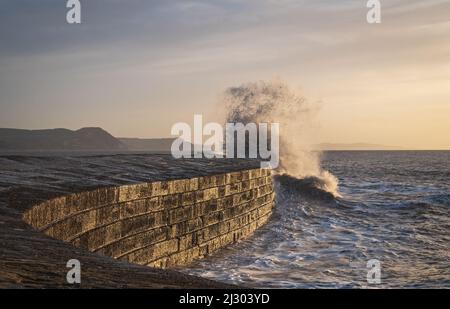 Waves created by Storm Barra crashing against The Cobb at Lyme Regis in Dorset, England, UK, just after sunrise the day after the main storm Stock Photo