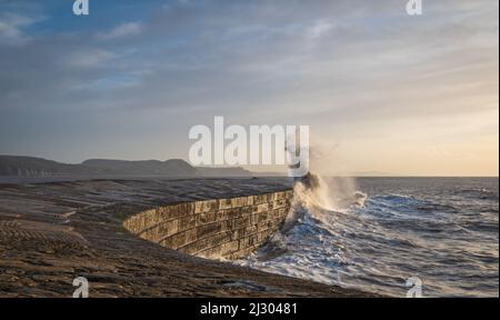 Waves created by Storm Barra crashing against The Cobb at Lyme Regis in Dorset, England, UK, just after sunrise the day after the main storm Stock Photo